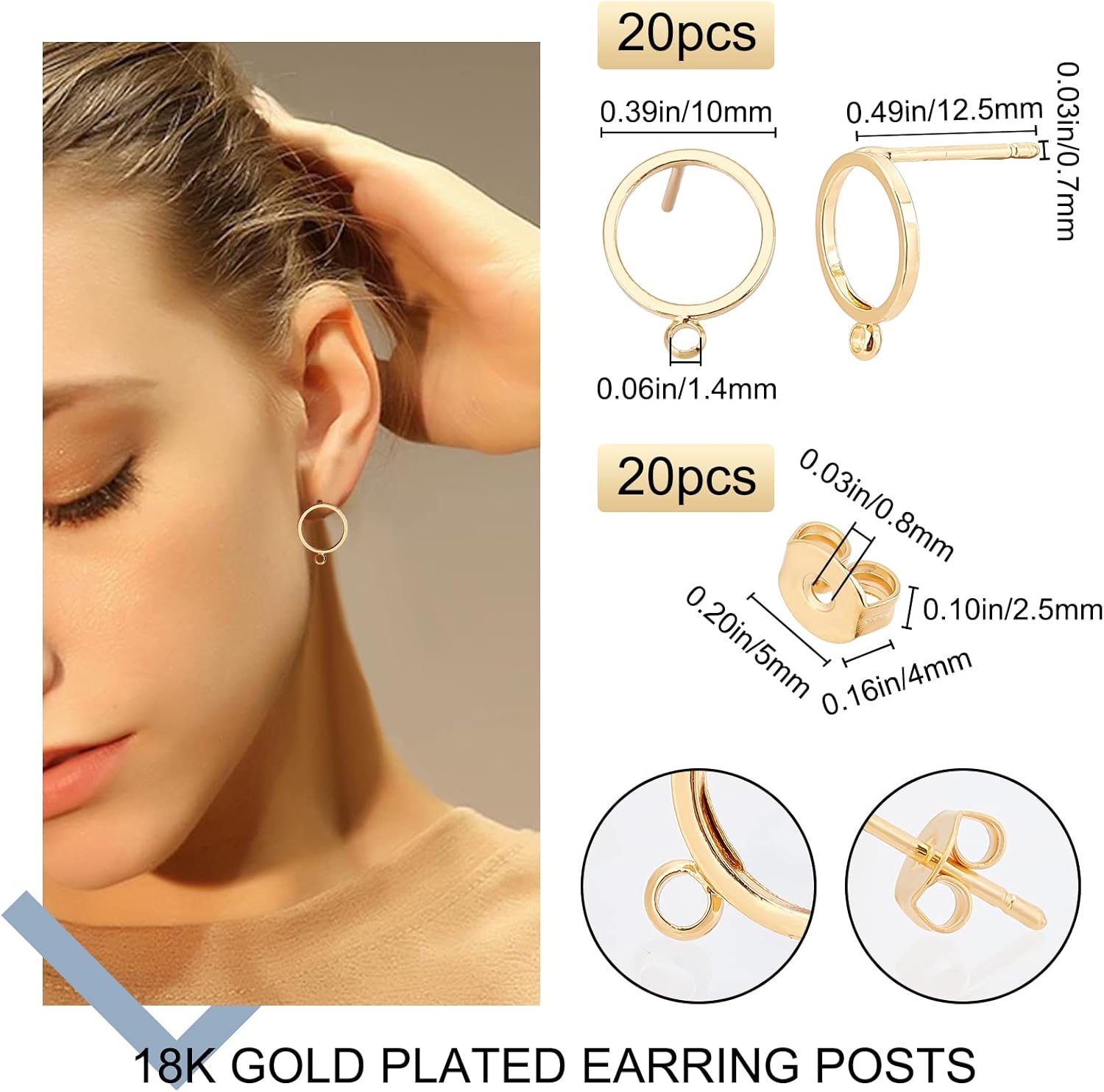 Beebeecraft 20Pcs/Box Stud Earrings with Loop 18K Gold Plated Brass 10mm/0.39in Hollow Round Stud Earring Findings Geometry Earring Posts with 20Pcs Butterfly Ear Back for Jewelry Making Hole: 0.06in - Image 3