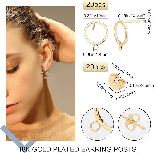 Miniatura 2 de Beebeecraft 1 caja de 20 aretes chapados en oro de 18 quilates con bucle, aretes geométricos de círculo simple con 20 piezas de mariposa en la parte