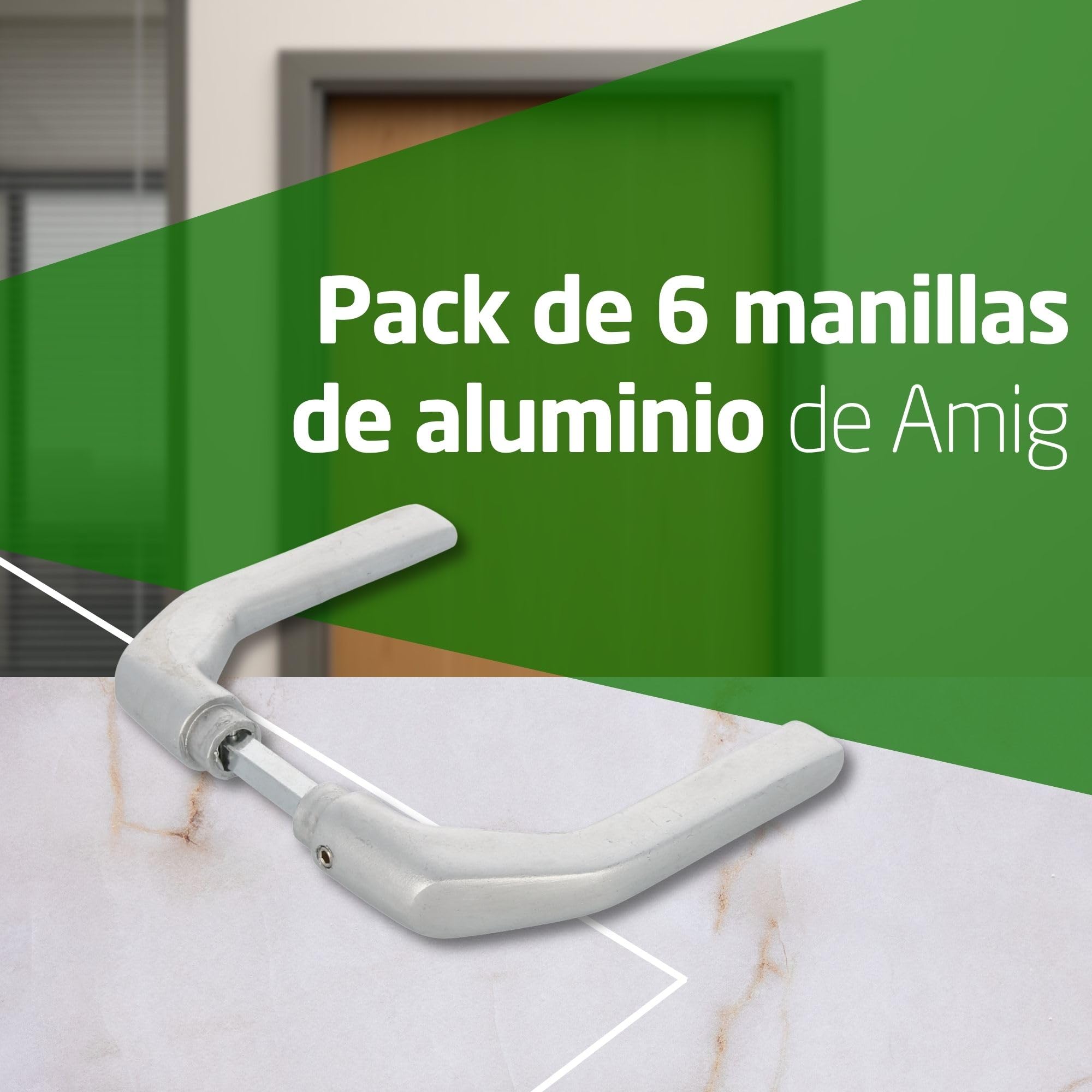 Amig - Set de 6 Juegos de Manillas sin roseta Plateado mate de Aluminio - 130 x 61 mm - Mod. 2113 - Cuadradillo 8 mm - Para puertas de 35 a 65 mm