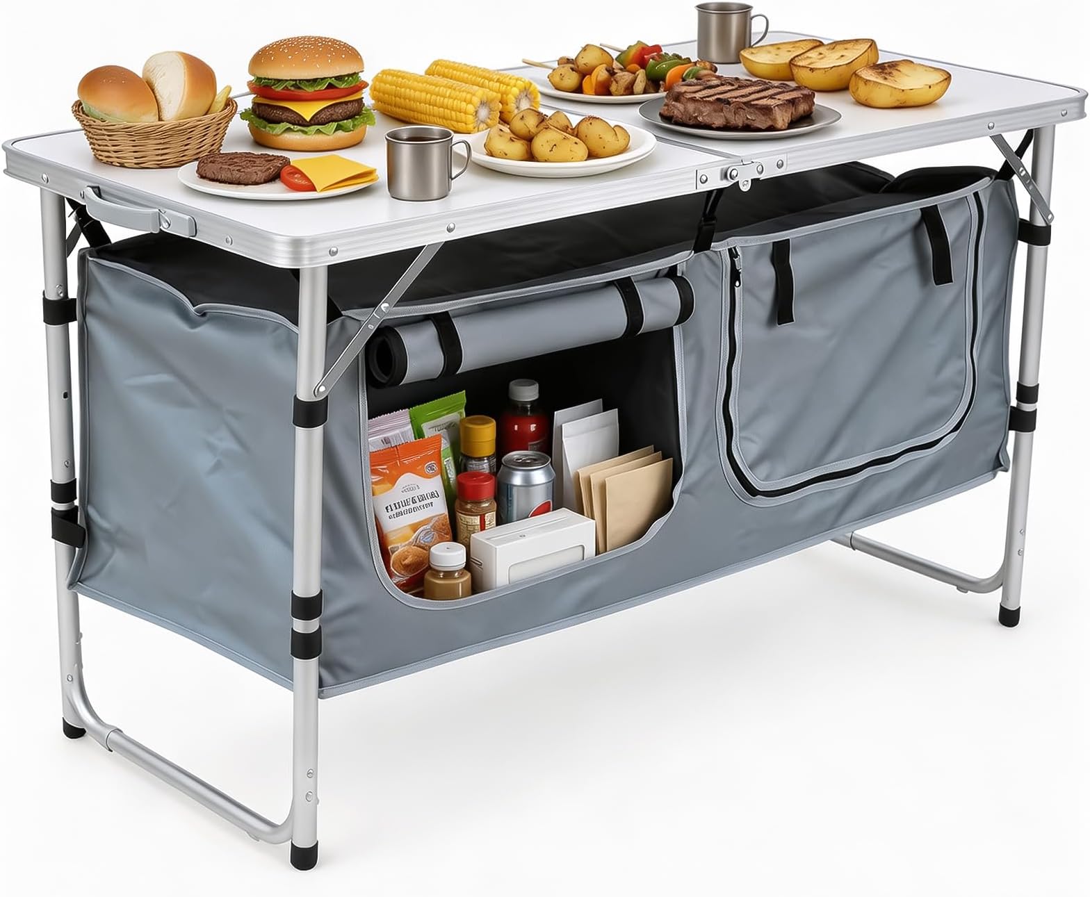 JOUYEK Camping Table, Folding Portable Kitchen Table with Storage Gray | 3 Heights Adjustable Camping Furniture for BBQ, Picnic, Camping, Hiking, Beach, and Indoor