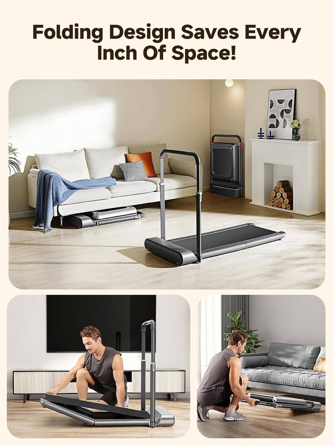 Images demonstrating the folding and unfolding process of the WalkingPad R1 Pro-front Handrail treadmill, and its compact storage.