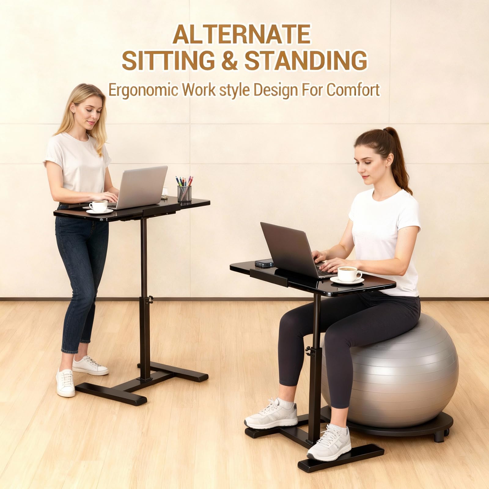GarveeHome Overbed Bedside Table Adjustable with Wheels, Mobile Standing Stand Up Rolling Laptop PC Desks with Tilting Top Height Tray Side Computer Workstation for Bedroom on Hospital Home Use Black