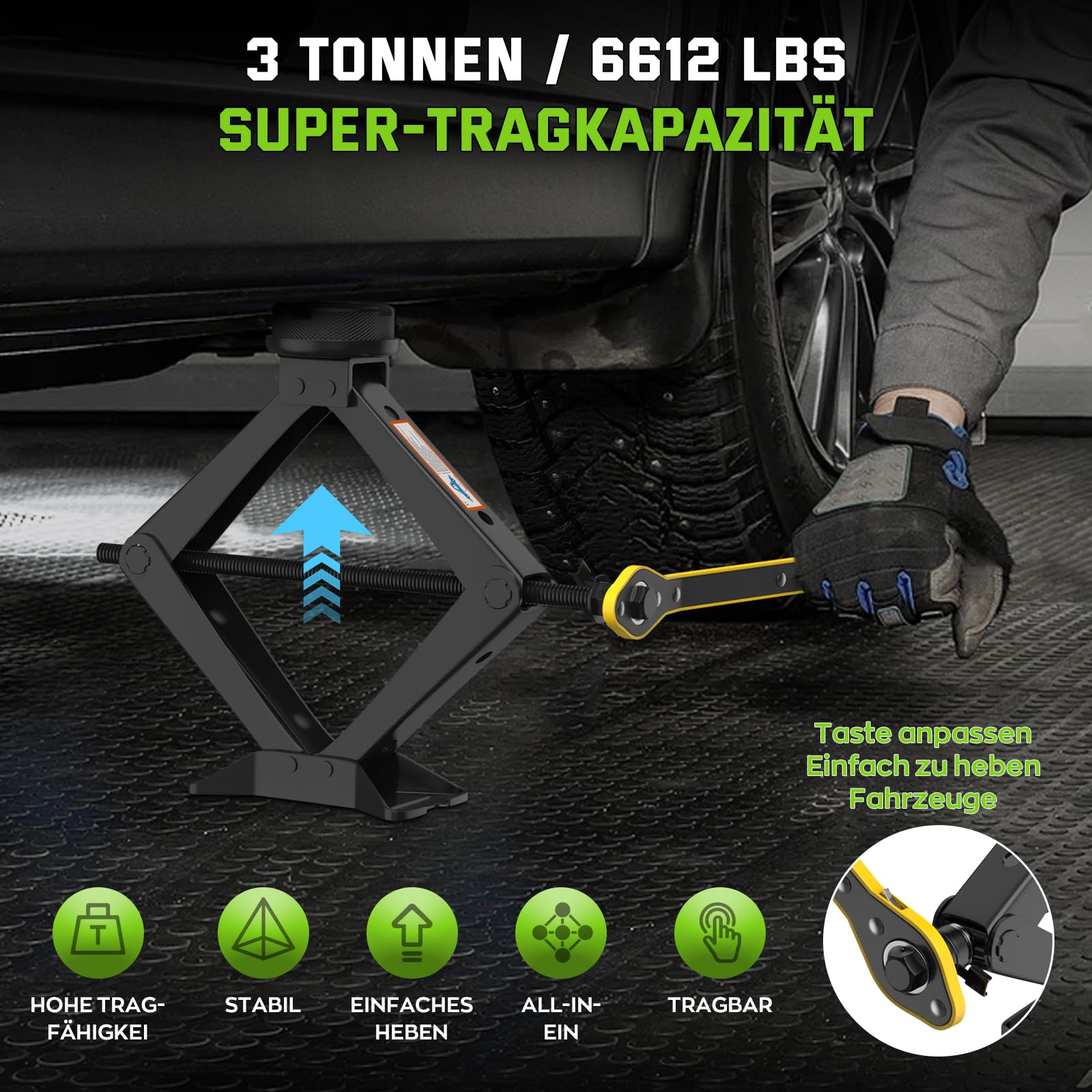 Nuevo Universal Gato para Coche 3T/3000KG, 2026 Gato Coche Portátil con 2 Pcs Bloque De Goma, con Llave de Tuercas de Rueda,Evita Rayaduras en el Vehículo,Herramientas de Emergencia para SUV MPVTesla
