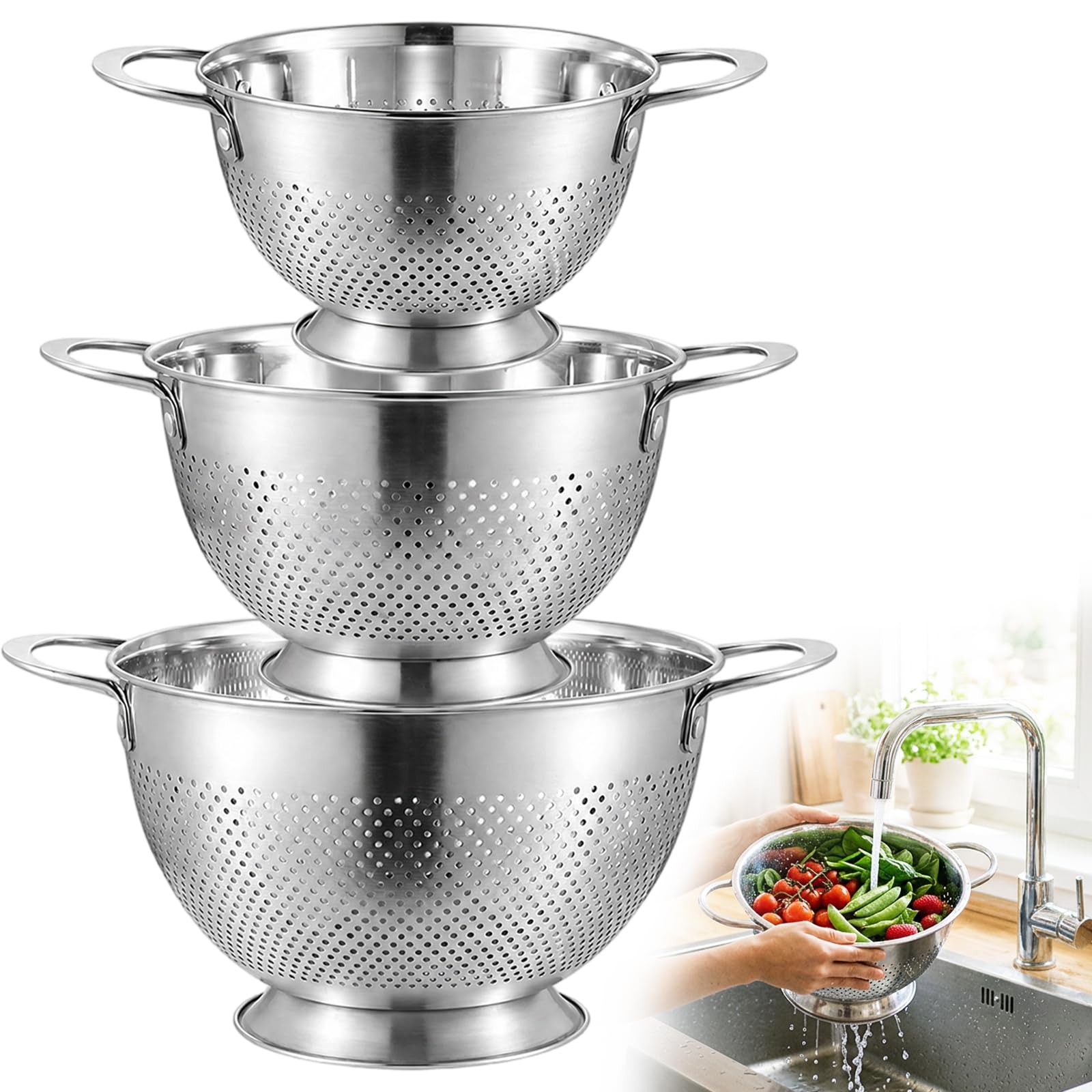Juego de 3 coladores para pasta (acero inoxidable, 20/24/26 cm)