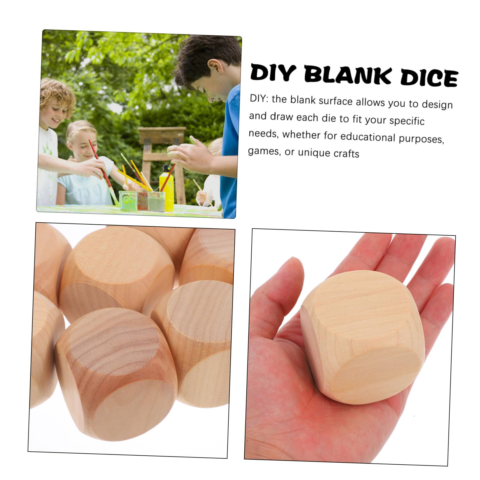 Dés Blancs Arrondis 6 Faces 50mm, Lot de 8 en Bois