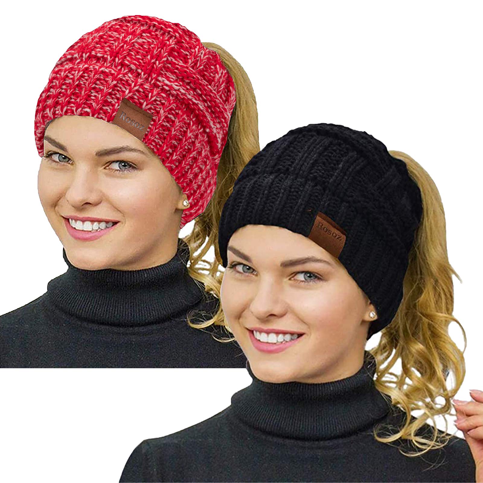 Rosoz Ponytail Beanie for Women - Winter Hat with Stretch Cable Knit Cap for Messy High Bun