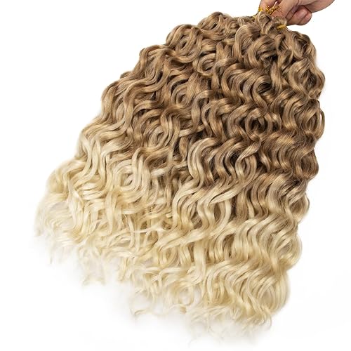 Miniatura 7 de 6 paquetes de cabello ondulado con ganchillo de 18 pulgadas, onda profunda, cabello rizado de ganchillo degradado rubio hawaiano, pelo trenzado