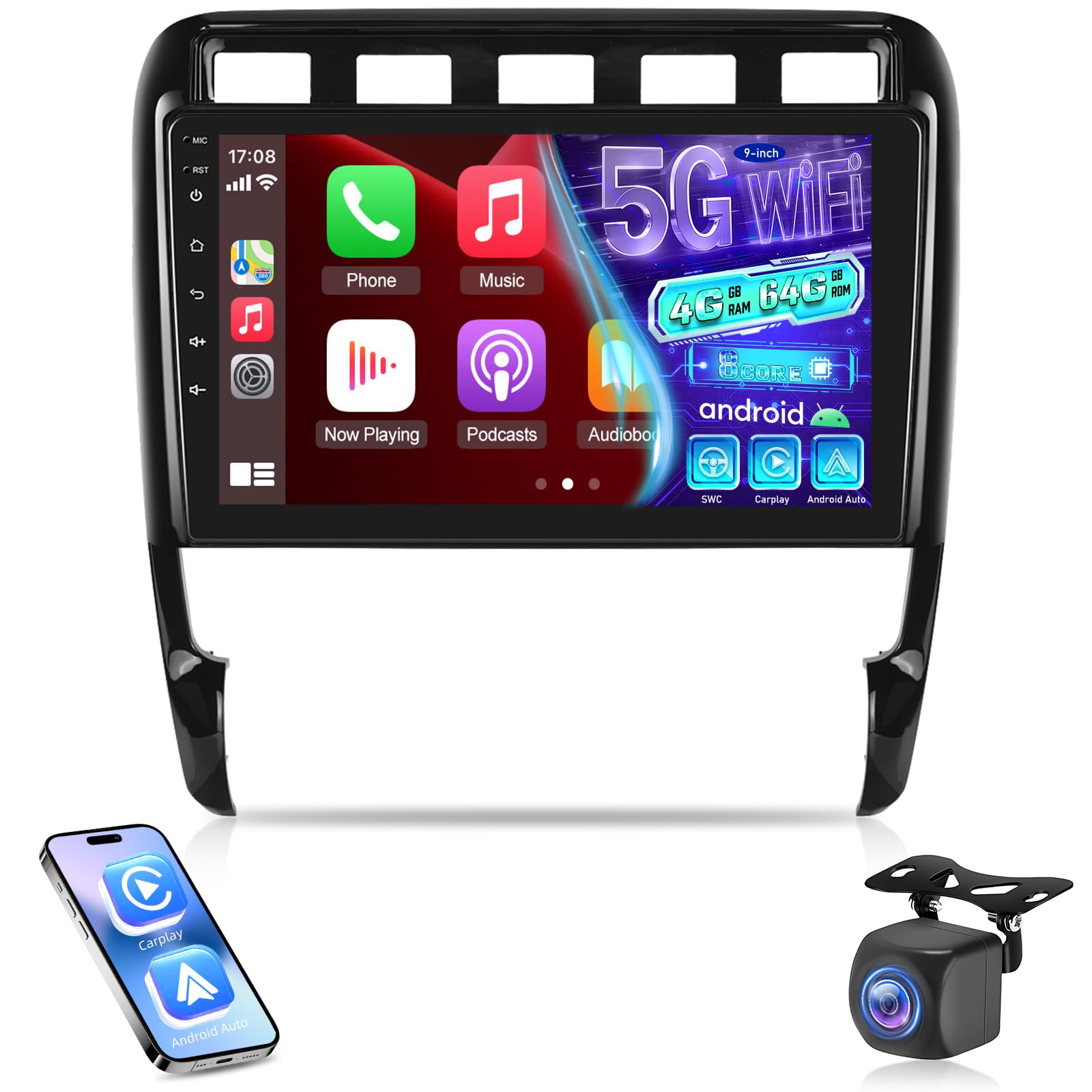 NHOPEEW Qualcomm 8 Core 4+64G Autoradio per Porsche Cayenne 2002-2010 - 9 pollici Radio Supporto Carplay&Android Auto 5GHz Wifi&GPS DSP 3D Auto Mondel Display Ventola di raffreddamento