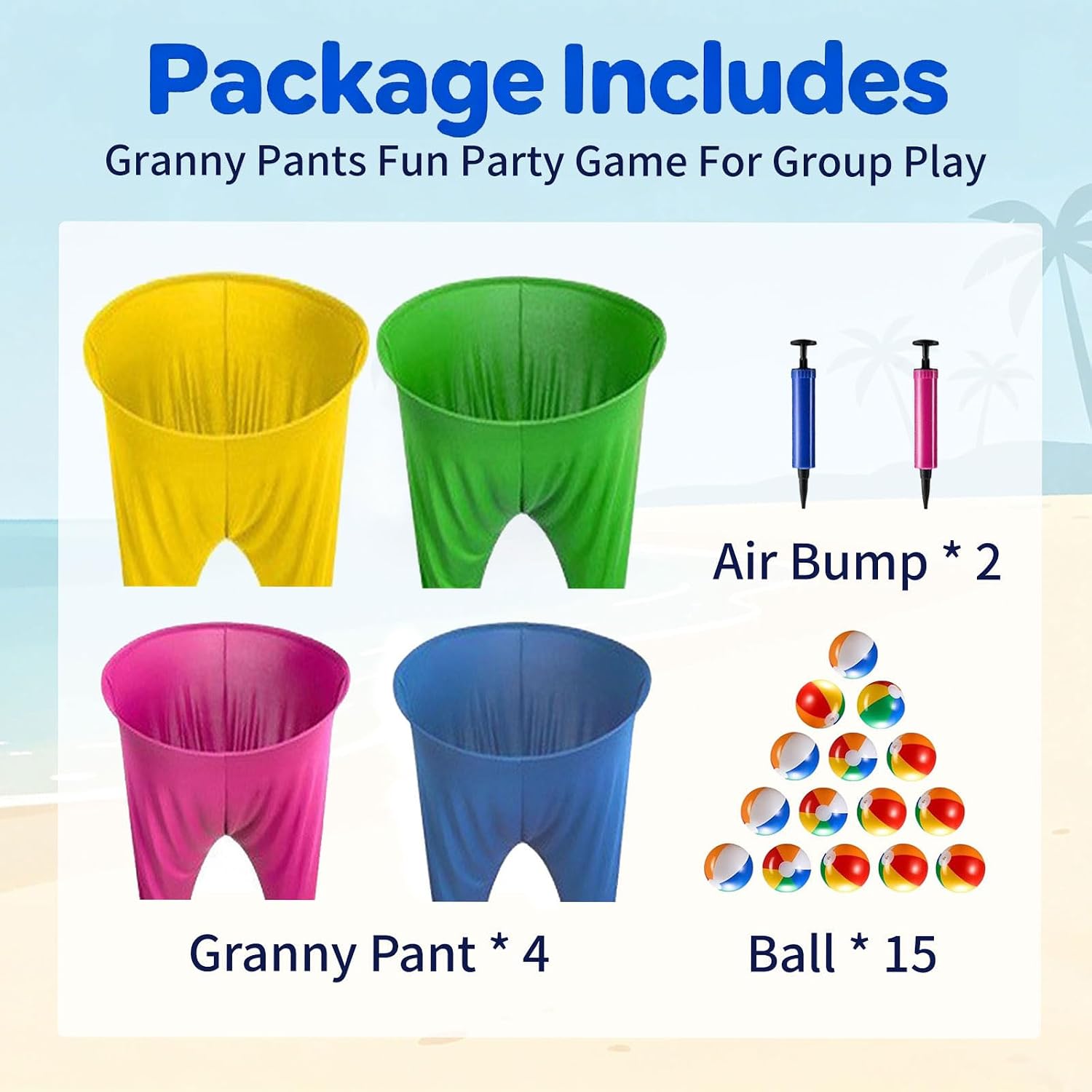 Granny Pants Yard Game, 4 Pack Giant Pants with 15 Balls & 2 Pumps Catch Games, Party Game for Family & Friends Gathering Birthday Team-Building Backyard Outdoor