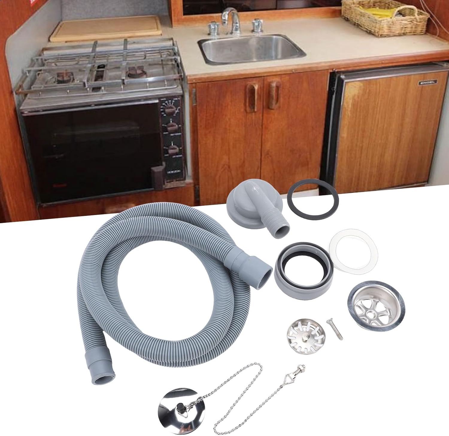 Fockety RV Sink Drain Kit, 2 3/4in Right Angle RV Sink Drain Connector Double Strainer PVC Stainless Steel Boat Efficient Drainage with 1.5m Hose for Yachts