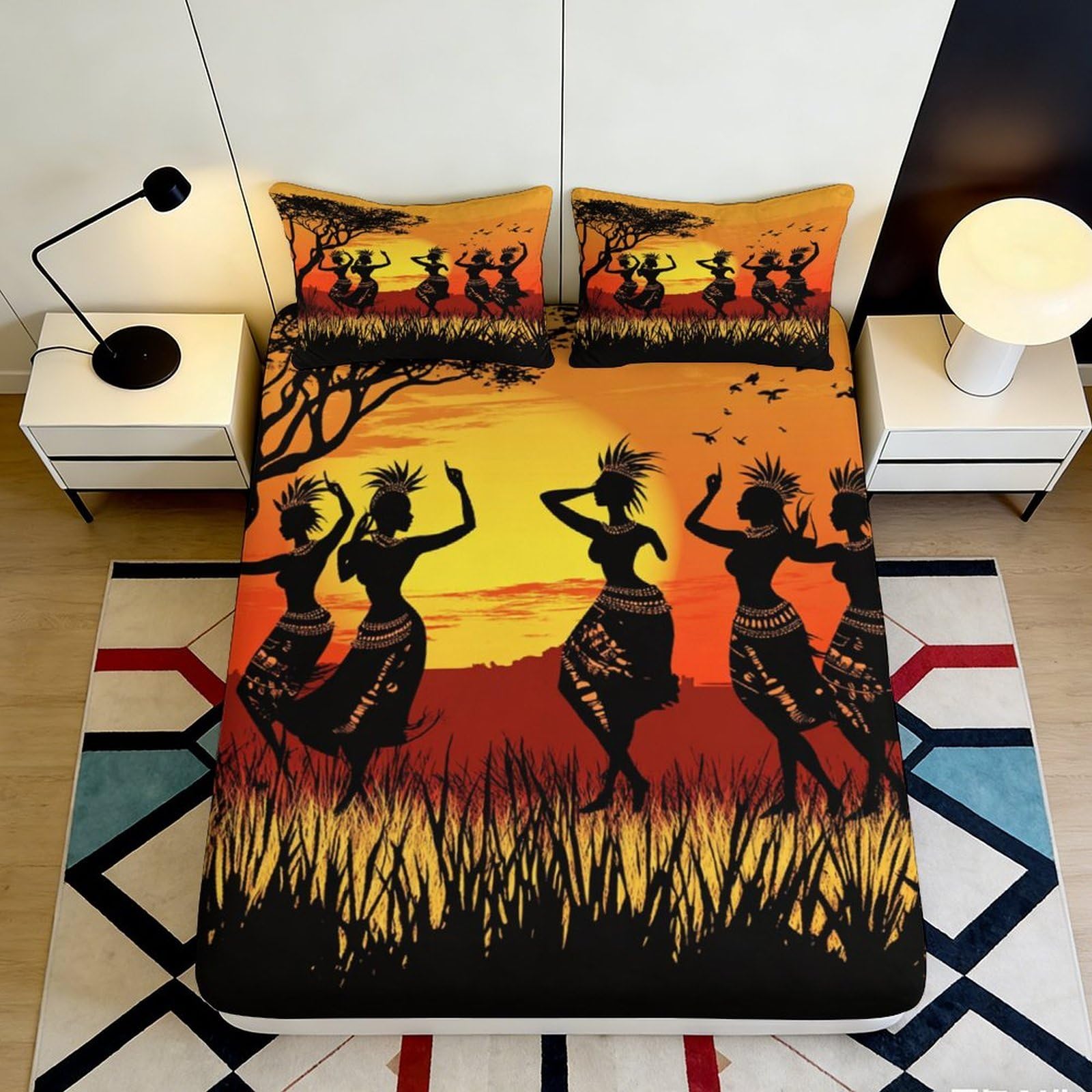 Pnayamiorkfel Style-1 3D Printed African Sunset Fitted Sheet Microfiber Vibrant Tribal Dance Mattress Cover Bedroom Decor Easy Care 90X200x25cm