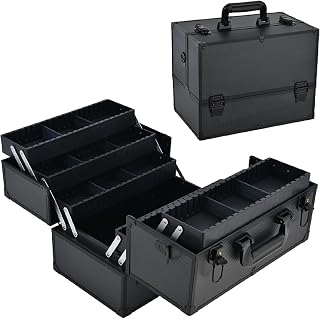 Makeup Train Case Makeup Case 12.6 Inch Large Cosmetic Box Organizer Travel Storage Professional Make Up Train Carrying Case with 6 Trays Locking Shoulder Strap Hard Vanity Storage Black