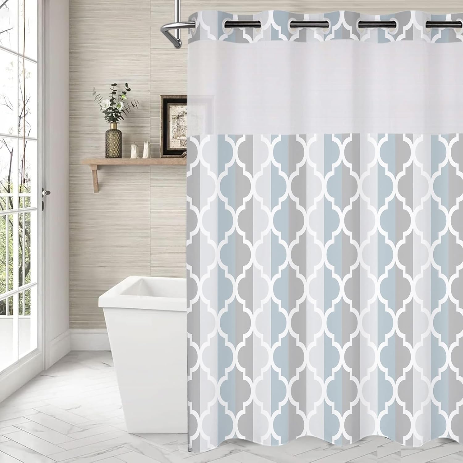 No Hook Shower Curtain with Snap in Liner Set, Geometric Shower Curtains, Modern Bathroom Decoration Design - Hotel Style with See Through Mesh Top Window, Machine Washable, 54x80 in