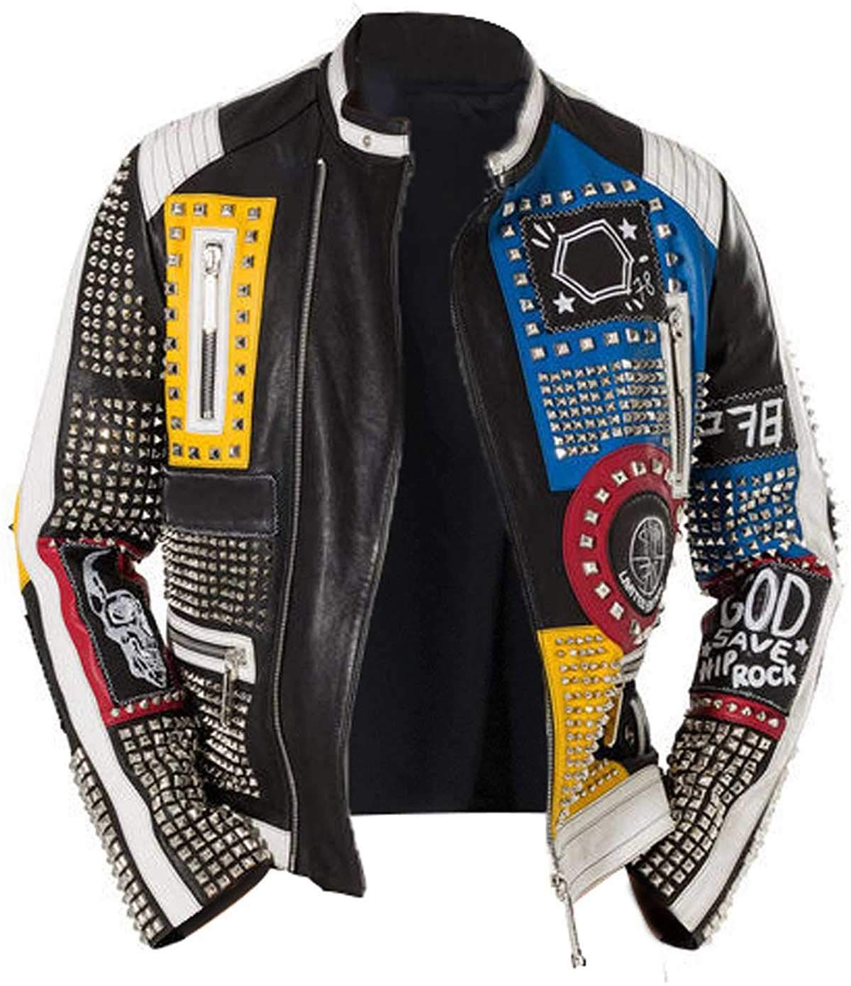 Męskie kolce wyścigowe punk rock świat ćwiekami retro wielokolorowe motocykl motocykl motocykl skórzana kurtka