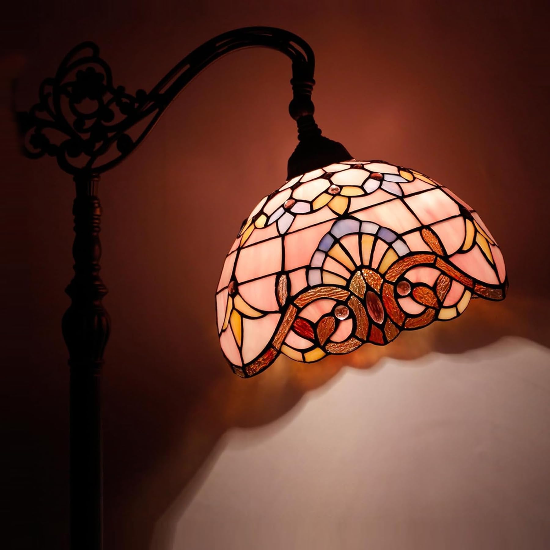 WERFACTORY Tiffany Floor Lamp Pink Baroque Stained Glass Arched Lamp 12X18X64 Inches Gooseneck Adjustable Corner Standing Reading Light Decor Bedroom Living Room