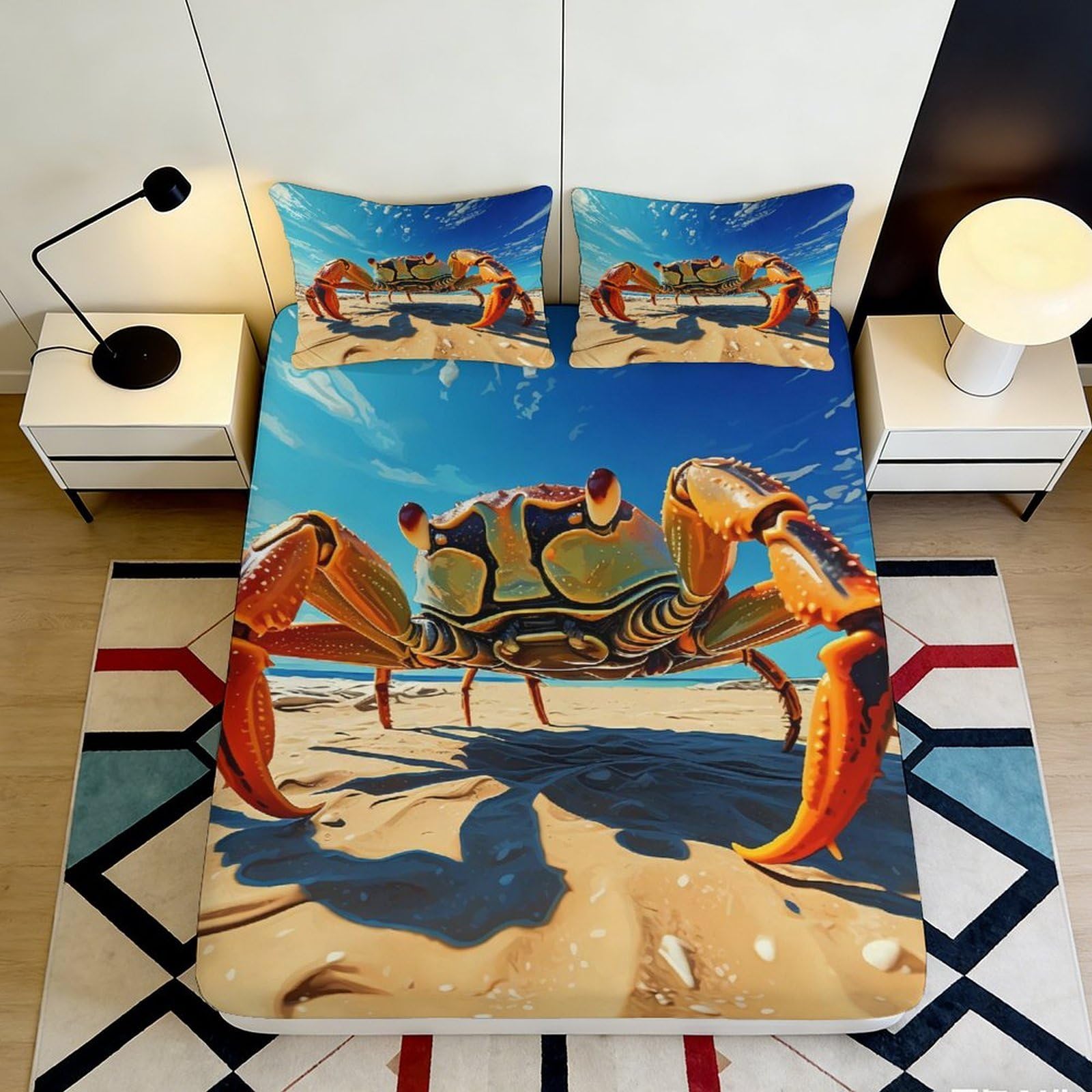 3D Printed Beach Crab Fitted Sheet Microfiber Soft Blue Ocean Bed Cover for Bedroom Dorm Mattress Protector 90x200x25cm