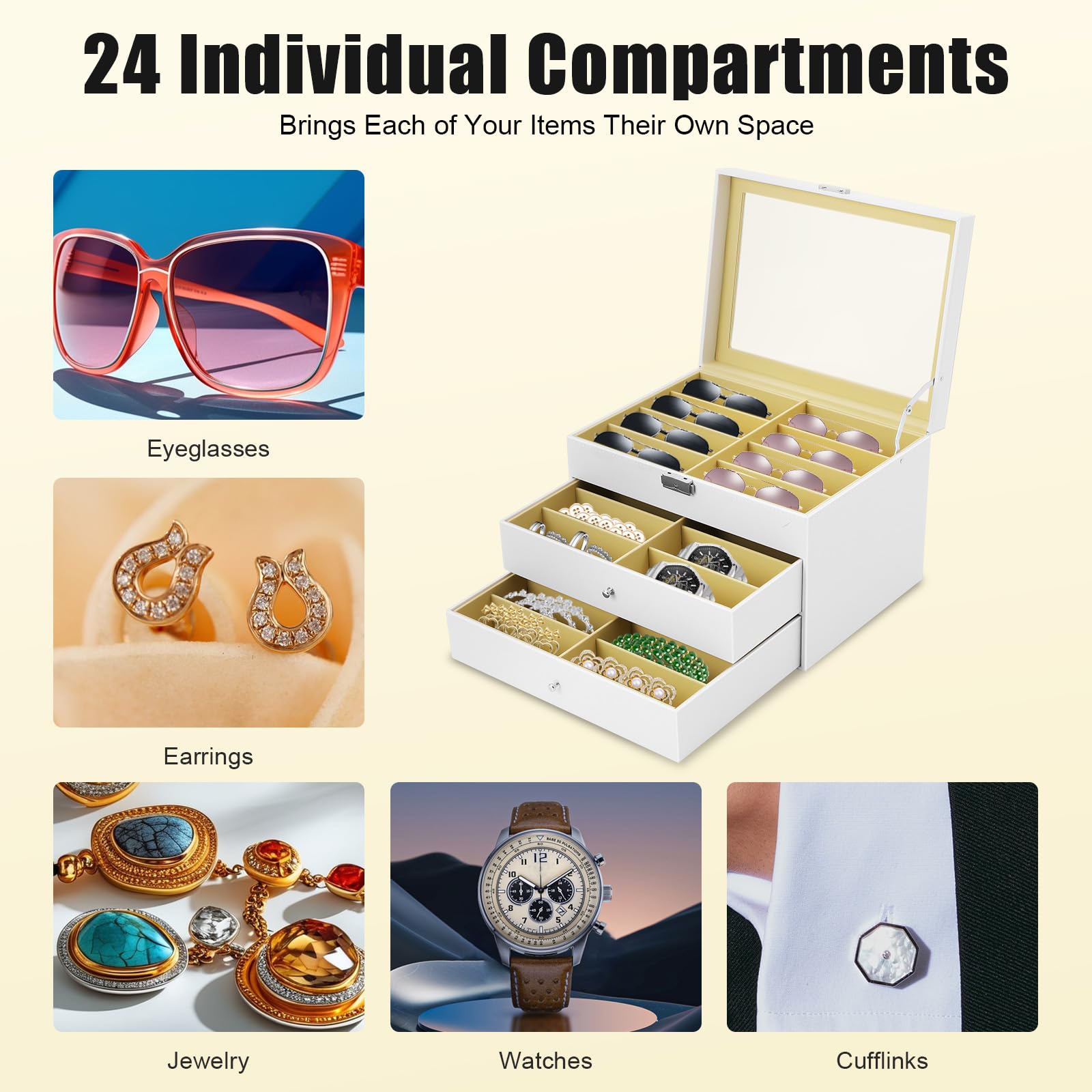 ZERNEIL 24 Slots Eyeglasses Display Case, 4 layer Lockable Sunglass Glasses Display Drawer with Key, Sunglasses Organizer Collector Eyewear Display Case(34×25×19cm)