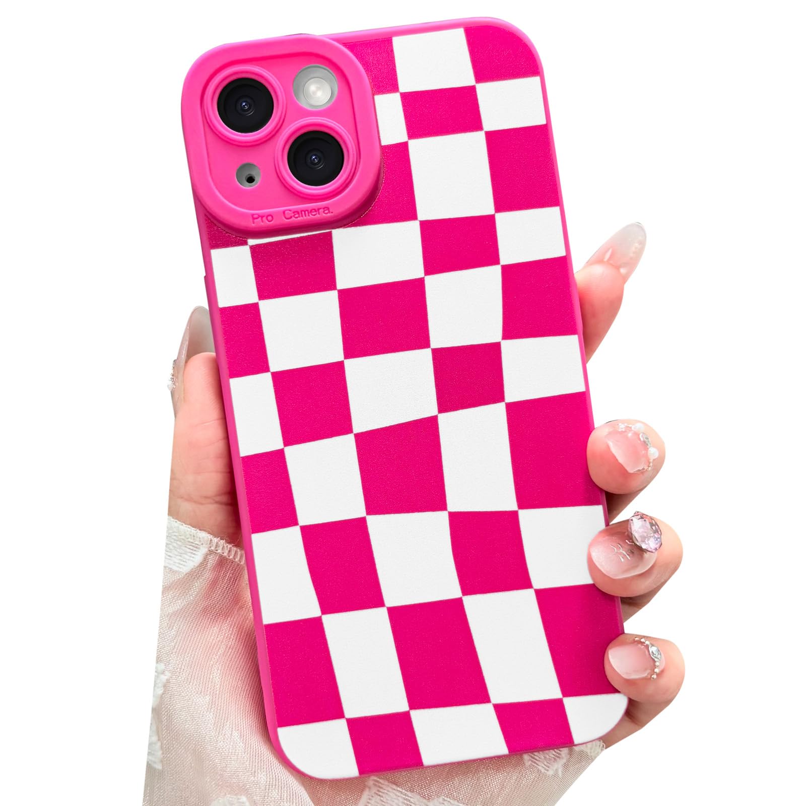 Oylaxoy for iPhone 15 Case with Checkered Pattern, Cute Hot Pink Checkerboard Phone Case for Women Girl, Soft TPU Raised Camera Protective Phone Cover