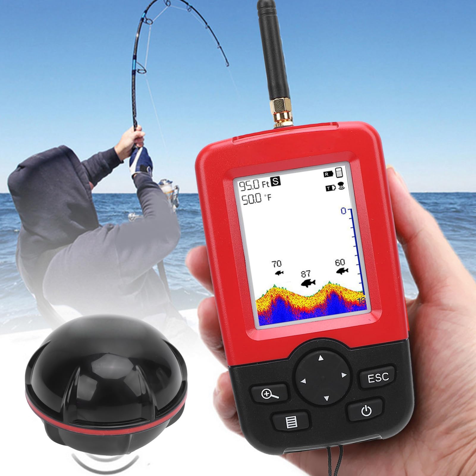 Tragbarer Fischfinder, 2,8-Zoll-HD-Display 2,4 G Drahtloser Fischfinder Sonarsensor 2-148 Fuß Wassertiefe Locator für Eisfischereifischerei
