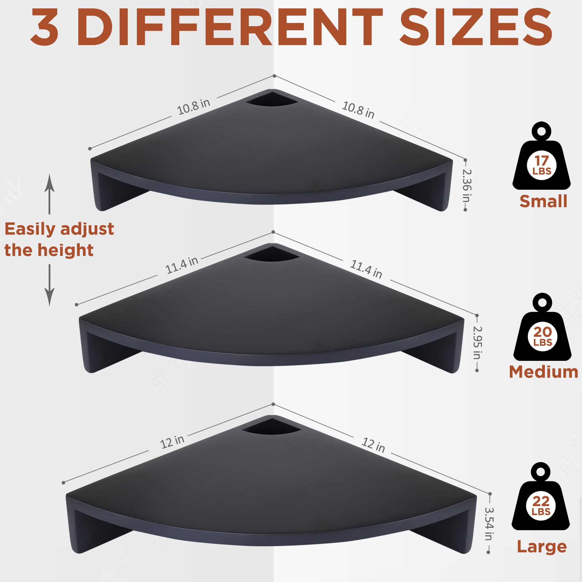 Demigo Corner Shelf Wall Mount Set of 3, Solid Acacia Wood Round Floating Corner Shelves for Storage and Display, Hanging Wood Shelves for Bedroom, Kitchen, Living Room, Bathroom (Black)