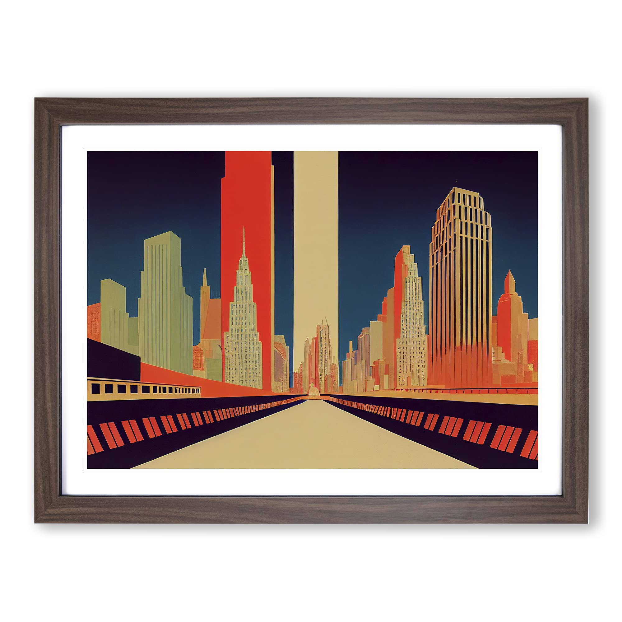 New York Art Deco Vol.2 Abstract Blue, Pink, Grey Framed Wall Art Print - Ready to Hang Picture - Modern Art for Living Room Bedroom Kitchen Home - Walnut A2 (48 x 66 cm)