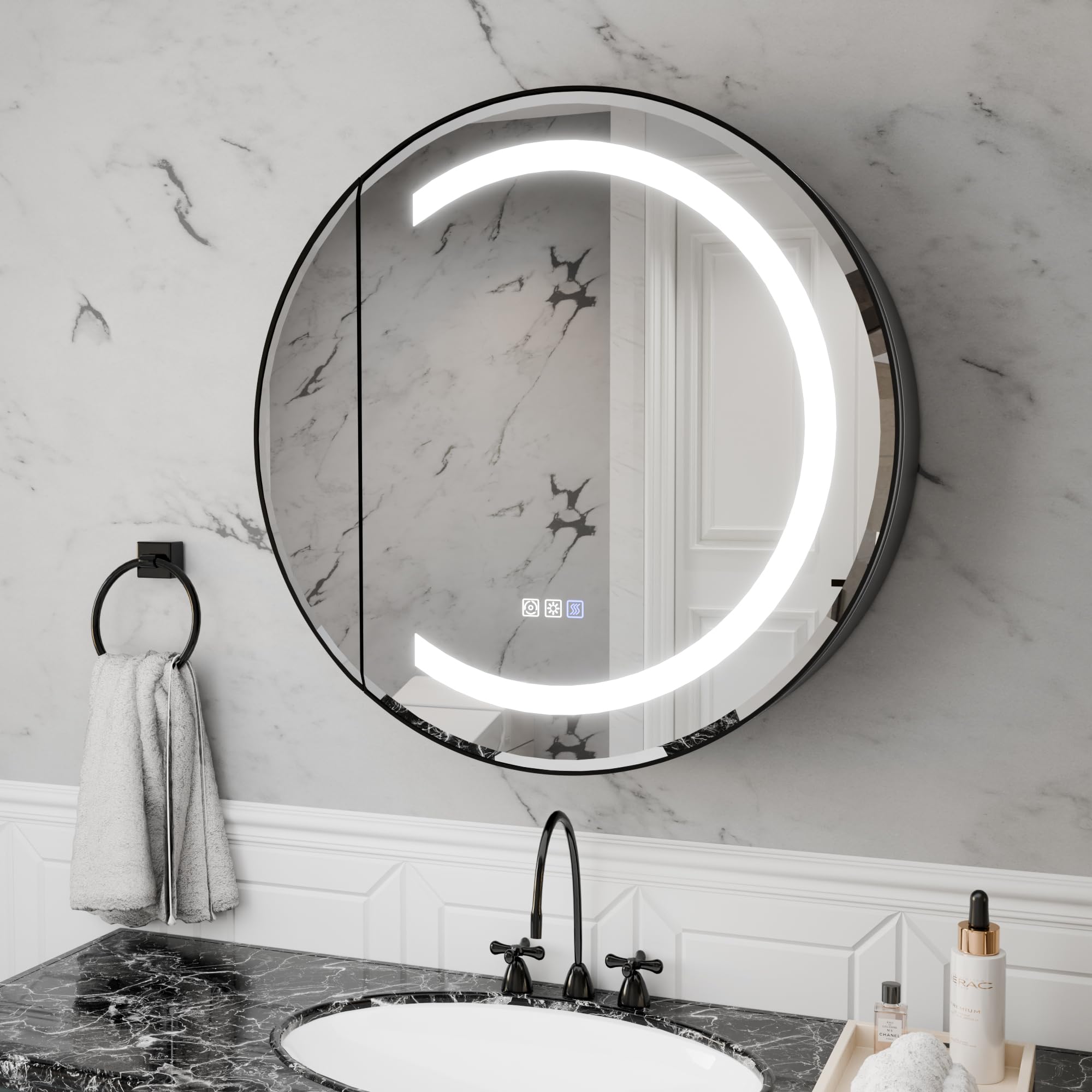 ComfyStyle 28 Inch Round Glossy Black Lighted Medicine Cabinet, Stepless Color Temperature LED Round Mirror with Adjustable Shelves, Surface Mounted Modern Aluminum Frame Bathroom Cabinet