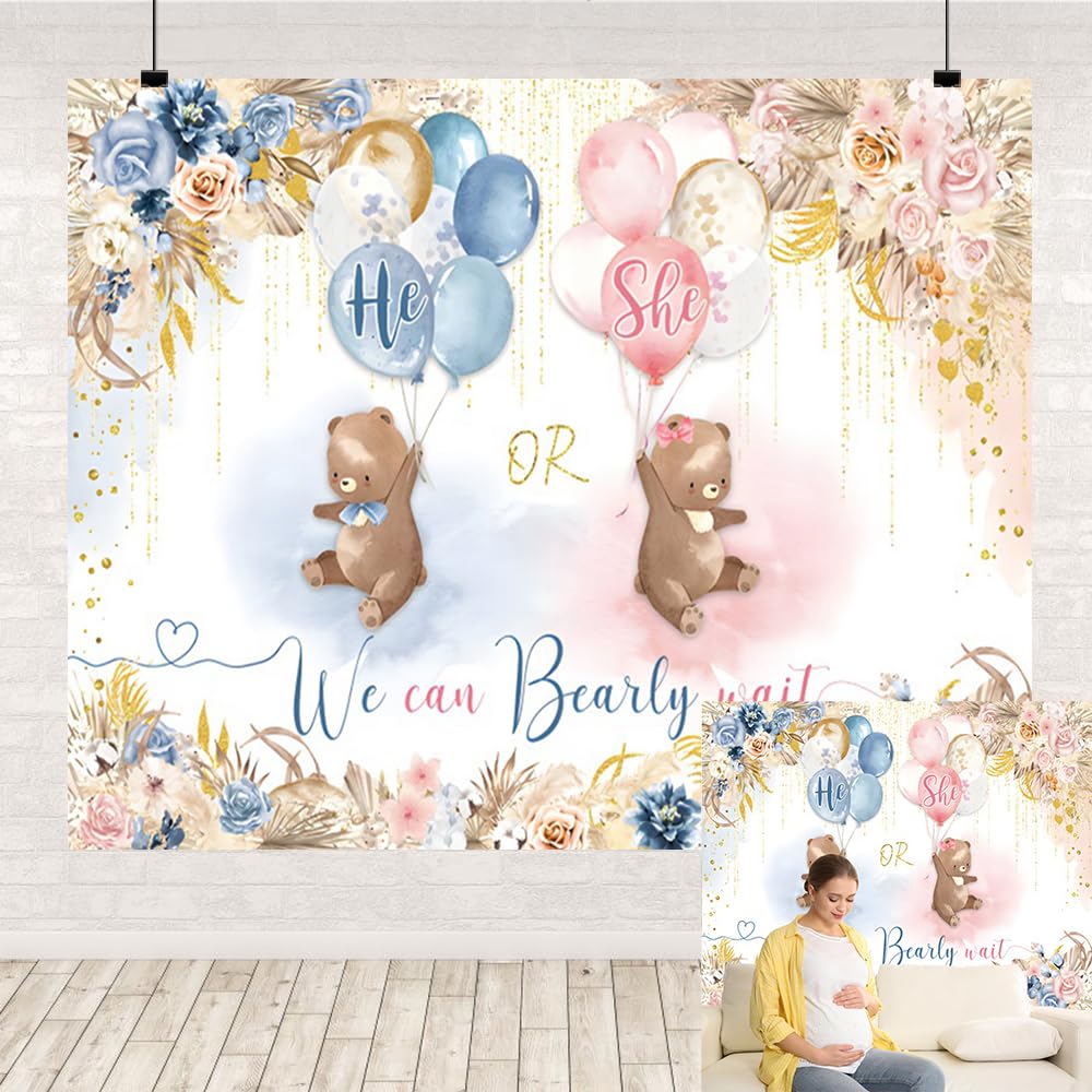 Bear Gender Reveal Backdrop Boy or Girl Pink Or Blue Floral Balloons Baby Shower Party Photography Background We Can Bearly Wait He or She Decorations Banner Photoshoot Props 10x8ft
