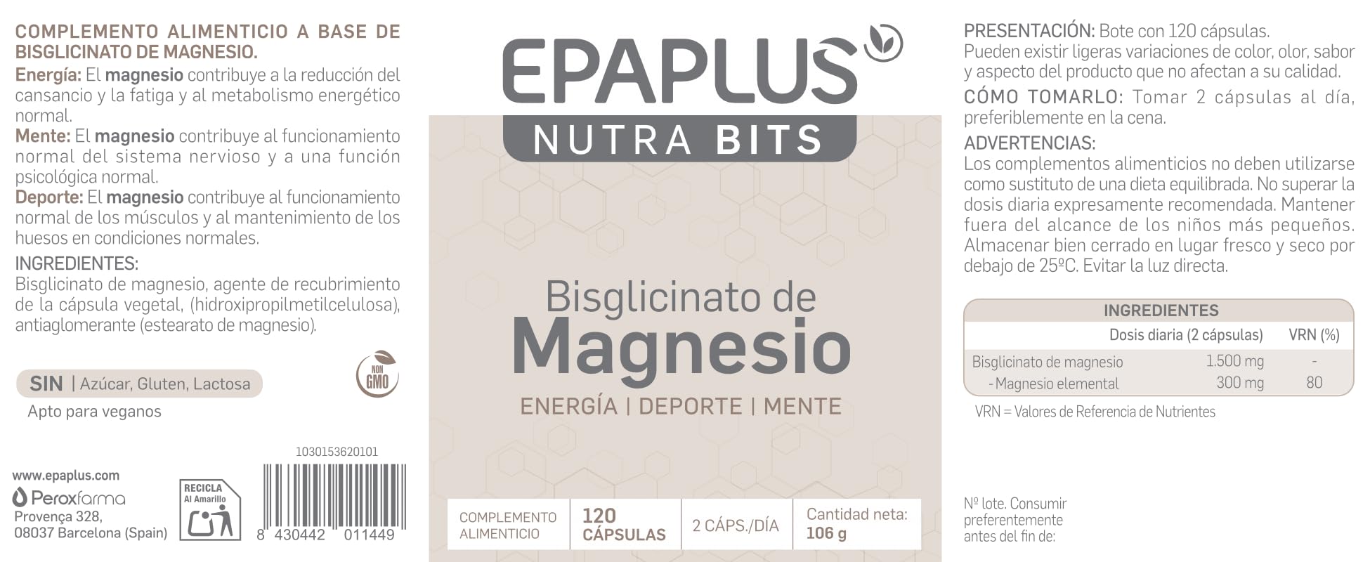EPAPLUS NUTRABITS Bisglicinato de Magnesio – 300 mg de Magnesio Elemental por Dosis – Pack 2 Unidades - 240 Cápsulas en total - Energía, Deporte y Mente – Sin Gluten, Vegano