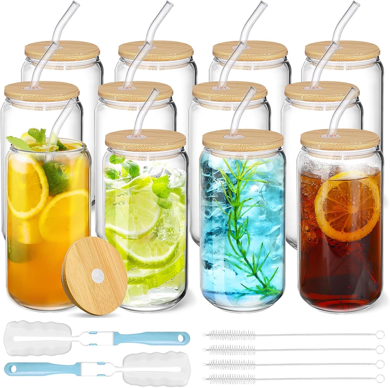 Set di 12 bicchieri con cannuccia vetro e coperchio – design in stile lattina da birra da 16oz, tumbler trasparente per caffè freddo, succhi, soda, tè, set regalo per famiglia, feste, bar
