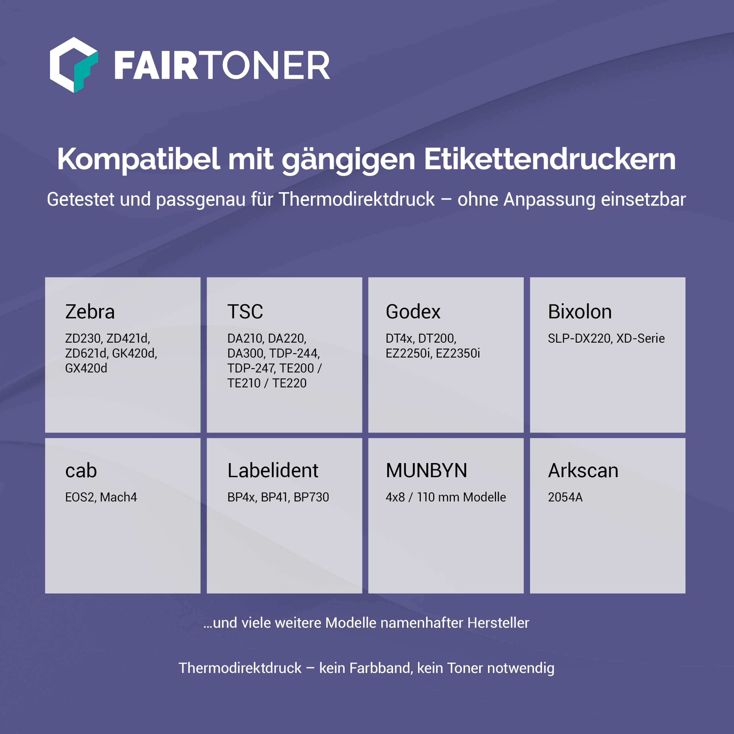 FairToner Versandetiketten Rollen 103x199mm 18 x 250 Label Thermodirekt | 4500 Etiketten, perforiert, Kern 25,4mm, BPA-frei, permanent haftend, kompatibel Zebra/TSC/Godex, Common Labels 910-300