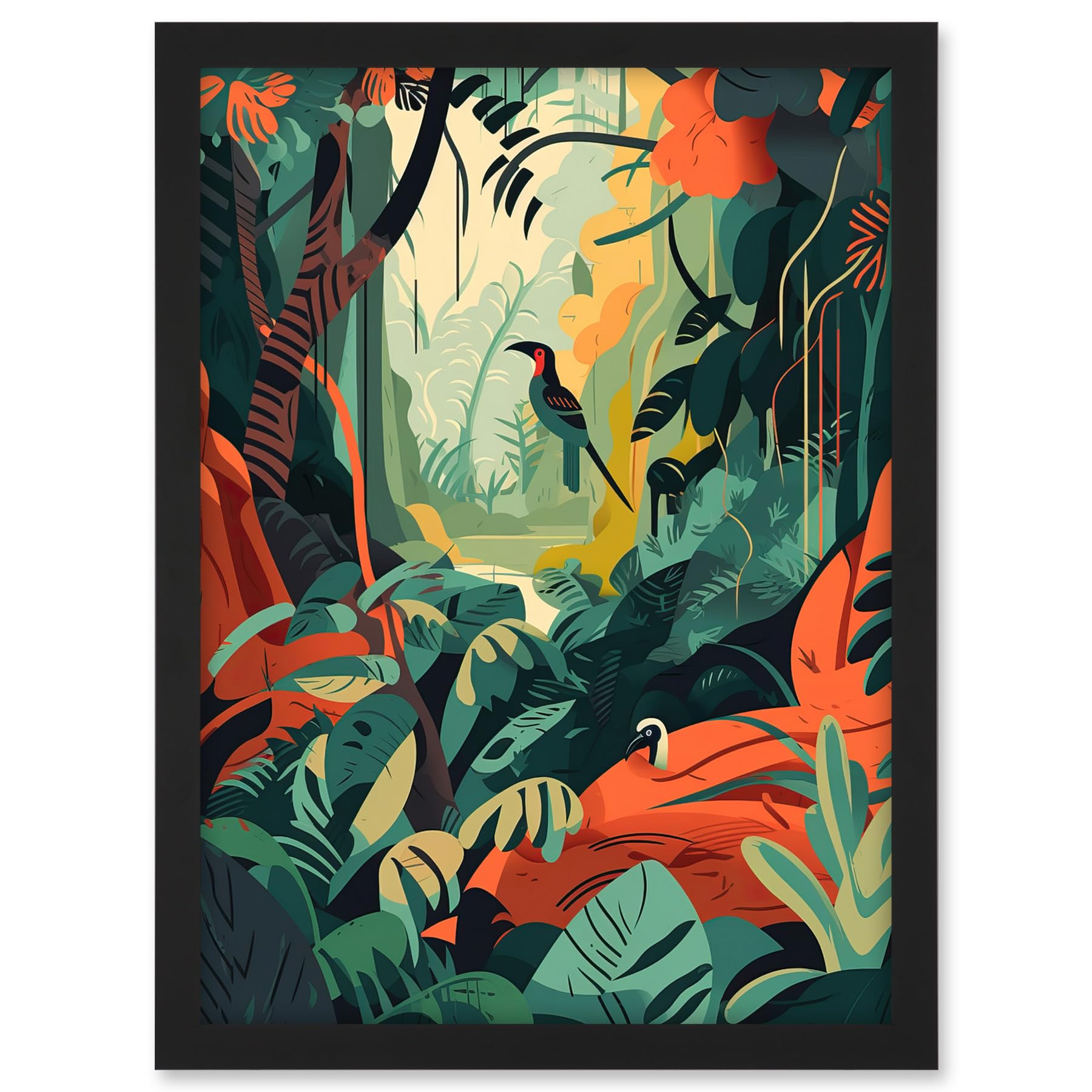 Artery8 Amazon Rainforest Diverse Flora and Tropical Birds Artwork Framed A3 Wall Art Print