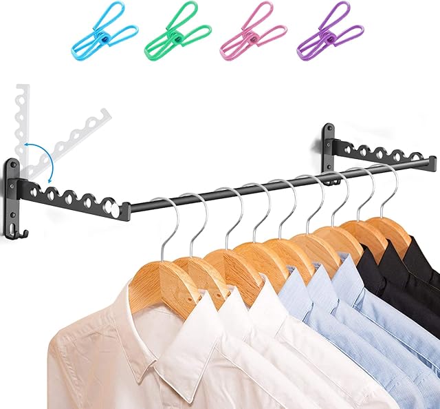 LIVEHITOP Wall Mounted Clothes Dryer, Foldable Laundry Rack Accessories Hanger Hook Rod for Bathroom Bedroom Hotel (Black, 2)