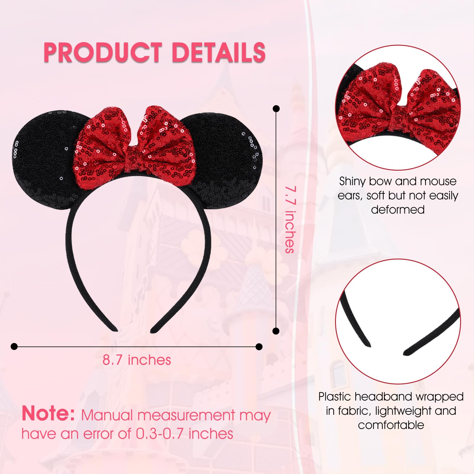 socathey 2PCS Mouse Ears Headband for Women, Shiny Sequin Bow Mouse Headbands for Birthday Party & Theme Paradise ?DR?