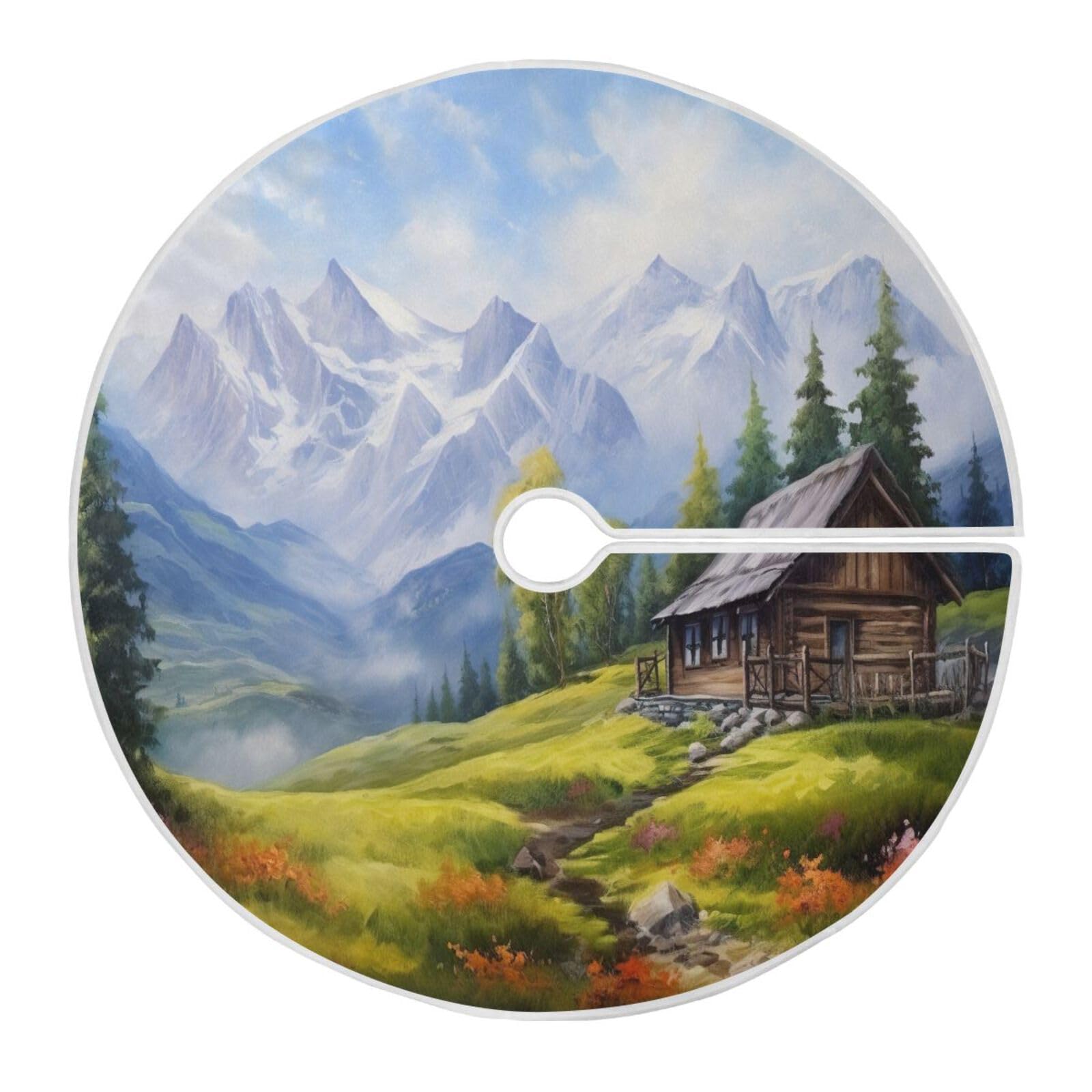 Shanxia Wooden House Christmas Tree Skirt 47.2",Suede Xmas Tree Skir Suitable for Indoor Outdoor Holiday Party Office Store Cupboard Decoration