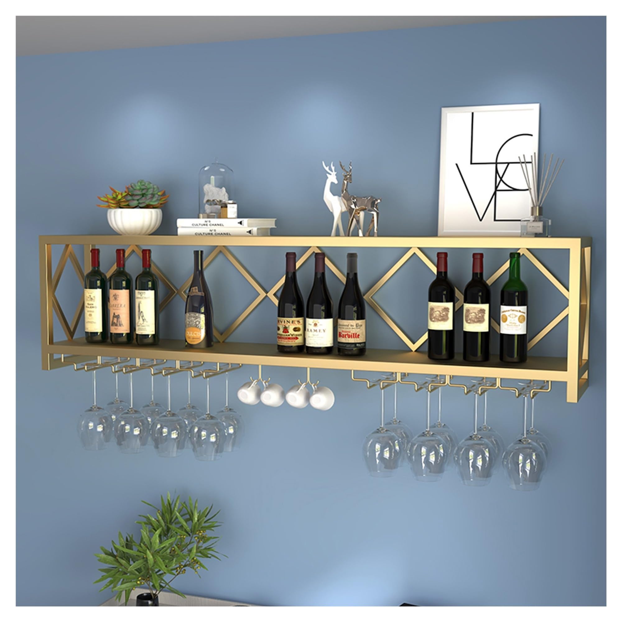 Casier à vin mural avec support à verre suspendu et mini armoire à liqueur en bois