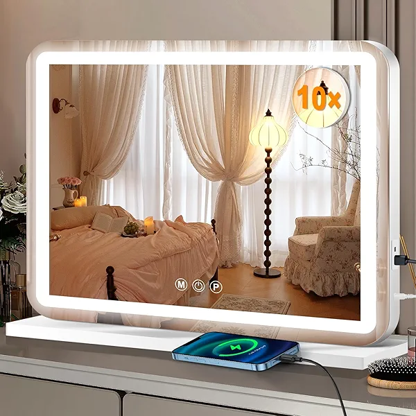 Ratsamee Vanity Mirror with Lights, Led Makeup Mirror, Lighted Makeup Mirror with 3 Color Dimmable Lights, Smart Touch Screen Control, Aluminum Metal Frame,USB Charging Port