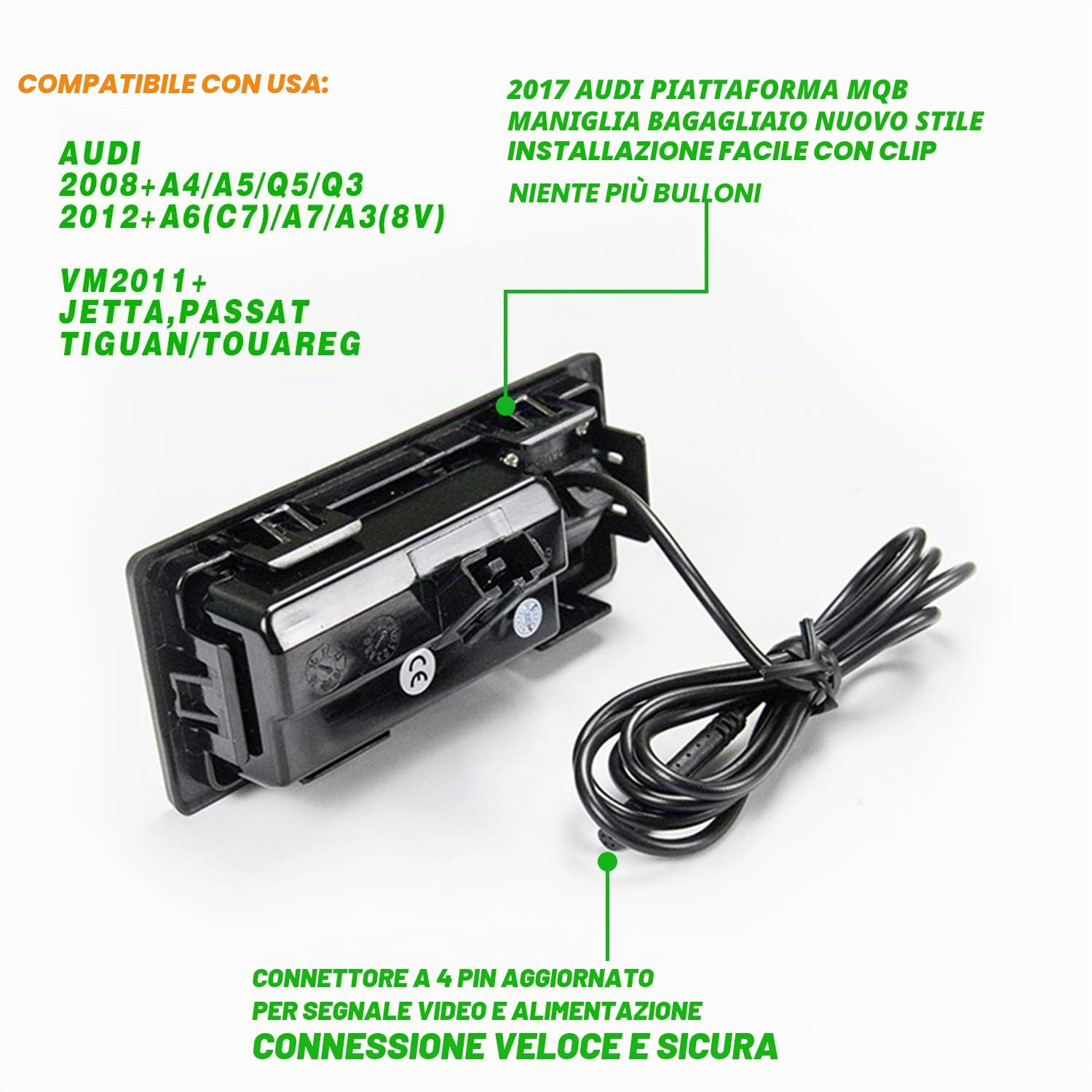 Telecamera posteriore HD 1280 x 720P impermeabile, visione notturna per Audi A3 8 V, 2016 + A4 B9, A5, Q5, A6, Q7, A6 (C7), A7 (C7), RS3 S3, A8 Allroad con radio MIB (MMI)
