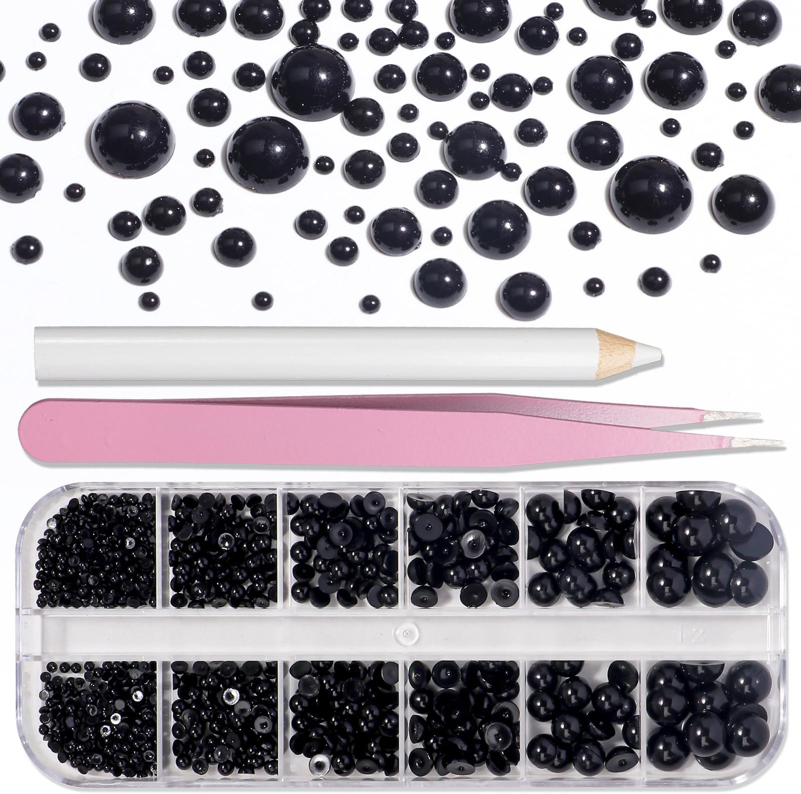 Mixed Sizes Flatback Black Pearls Kit for Acrylic 3D Nail Art DIY