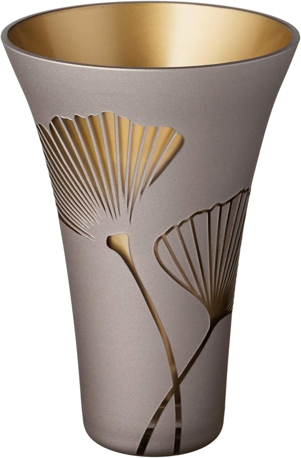 Golden Glass Vase - Etched & Painted Gold Ginkgo Leaves Decor - Mouth Blown Thick Glass - Elegant Home Wedding Decor - Golden Gift Box - 9.4 in (24 cm)