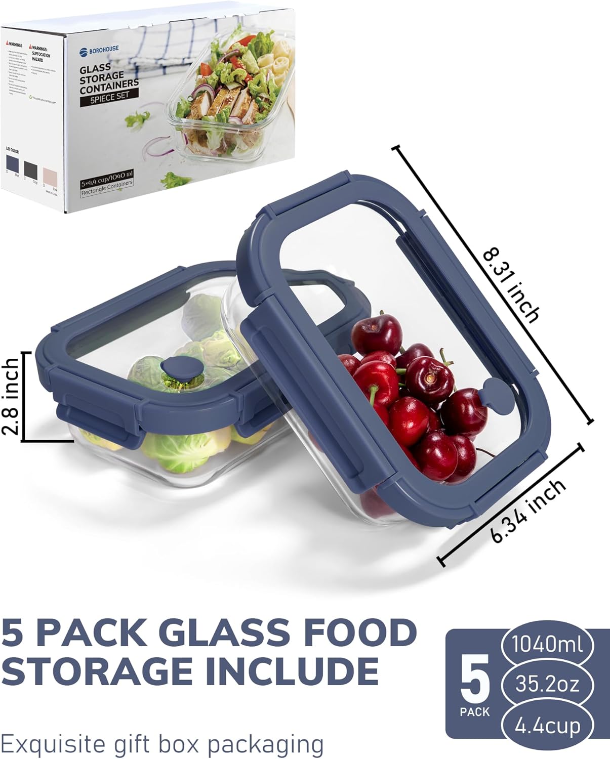 BOROHOUSE 5-Pack Borosilicate Glass Containers with Tempered Lids, 35.2oz/4.4 Cup Airtight Meal Prep Set, Microwave/Freezer Safe (Blue) Tempered Lids Blue 4.4 Cup*5