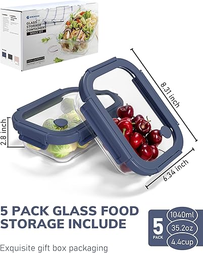 Miniatura 2 de Paquete de 5 recipientes de vidrio de borosilicato con tapas templadas, juego hermético de preparación de comidas de 35.2 oz4.4 tazas, aptos