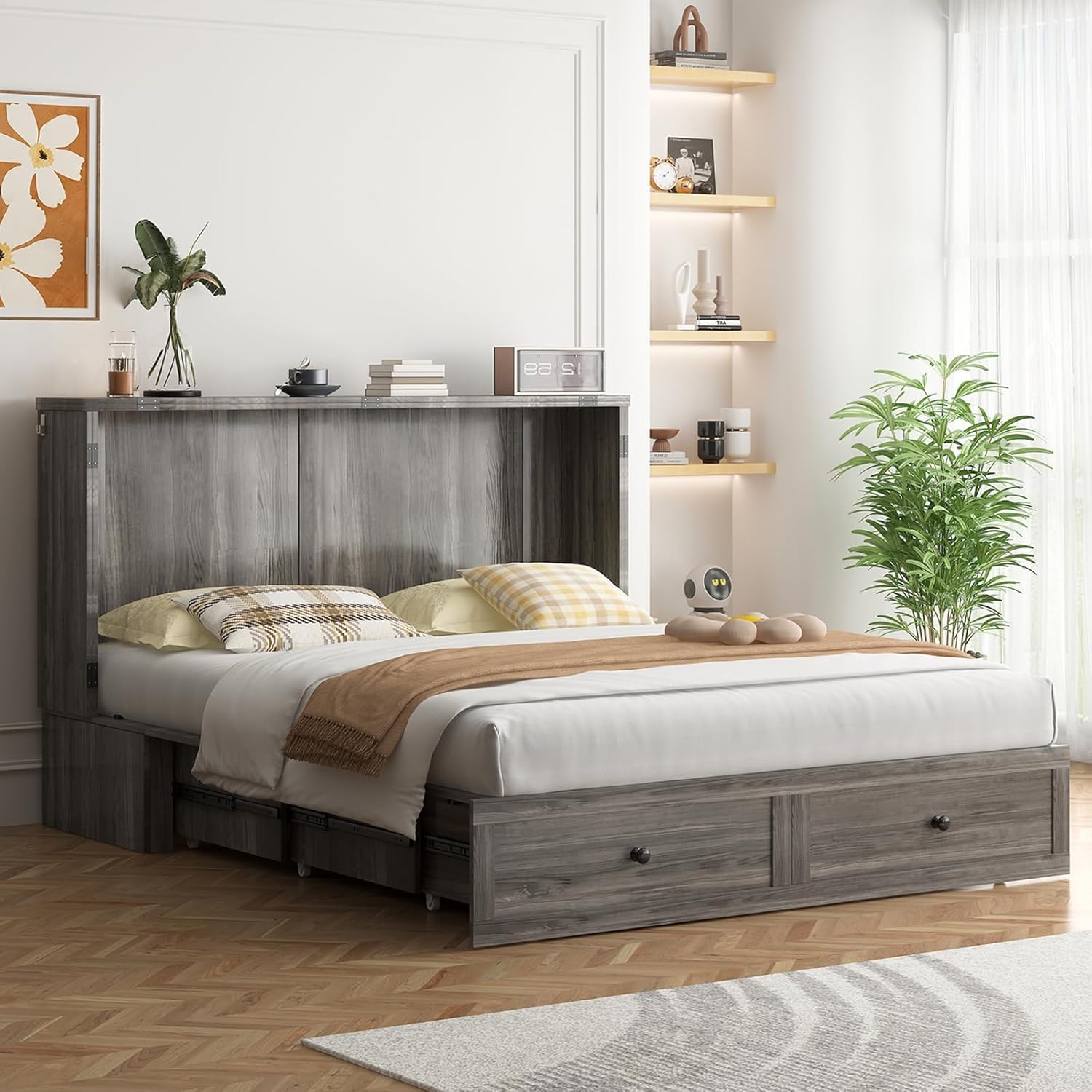 ijuicy Queen Size Murphy Bed with Mattress, Modern Cabinet Bed with Charging Station & Storage Drawer, Bedroom Armoire (Grey)