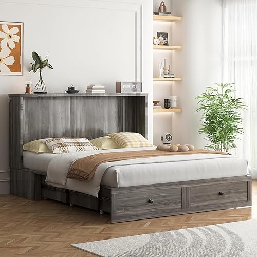 Miniatura 8 de ijuicy Cama Murphy de tamaño Queen con colchón, cama moderna con estación de carga y cajón de almacenamiento, armario de dormitorio (gris)