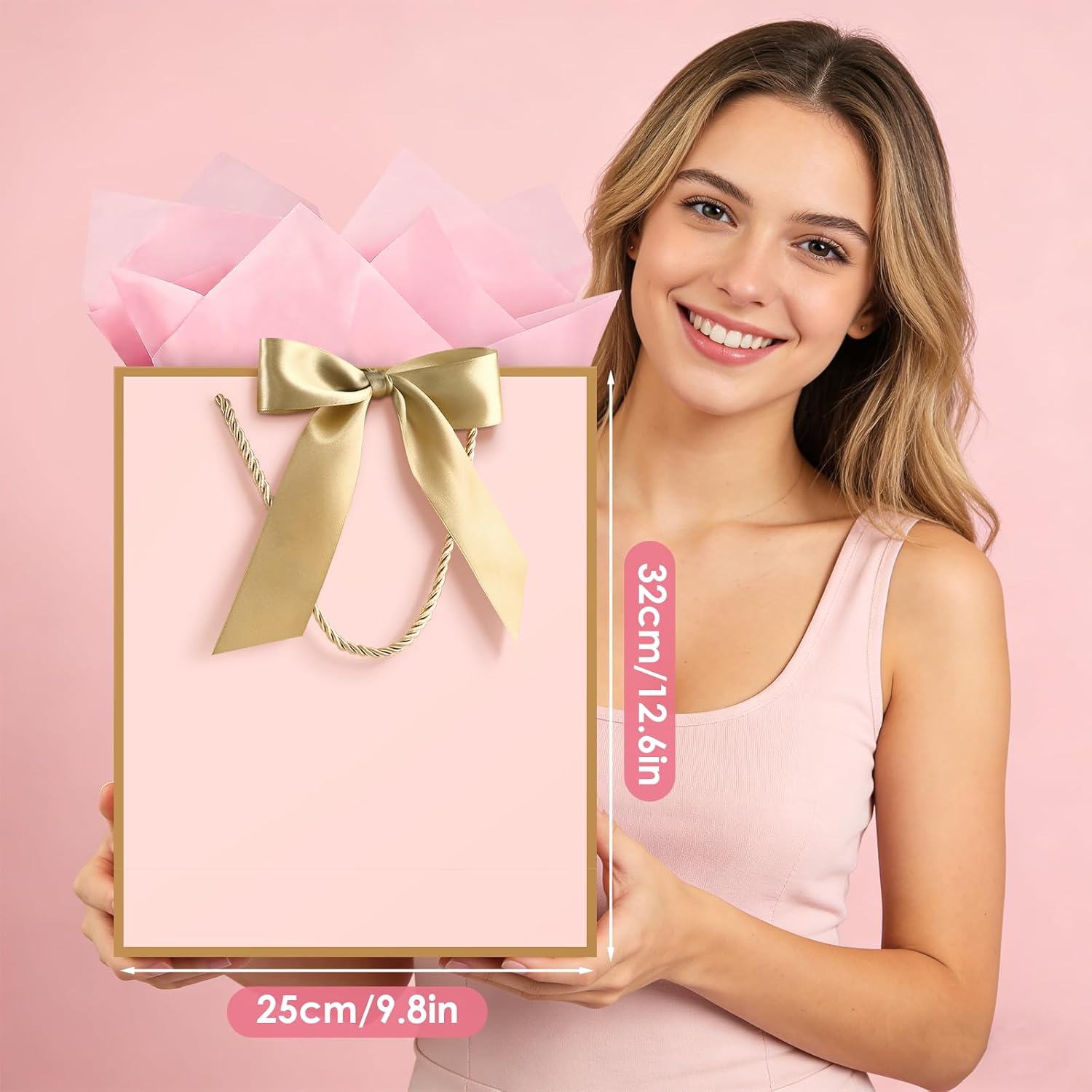 JMANNI Pink Gift Bags with Handles, Gift Bags with Tissue Paper, 1PCS Gift Bags with Ribbon and 1 Cards 2 Tissue Paper, for Valentines Day Baby Shower Birthday Party Wedding Mothers Day