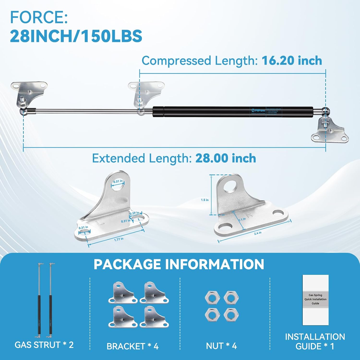 28 Inch Gas Struts Shock Spring 150 Lbs/667N Lift Support with L-Type Mounts for RV Bed Door Heavy Duty Toolbox TV Cabinet Bar Banch Lid Basement Floor Hatch, Set of 2