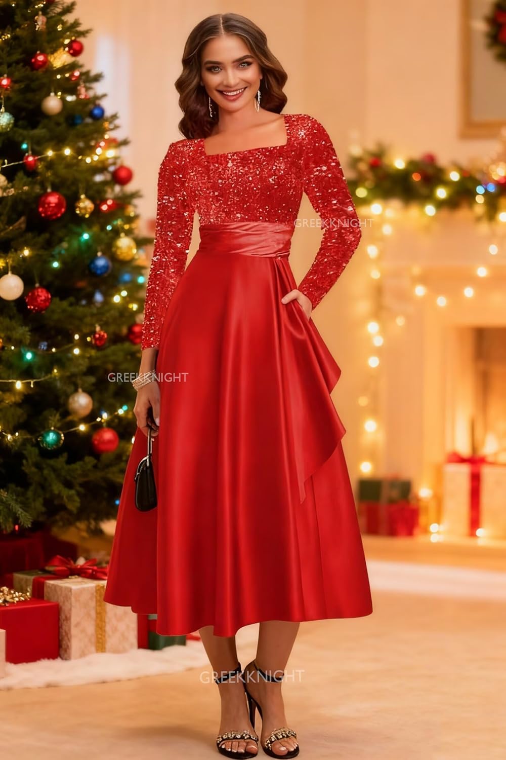 Sequin Mother of The Bride Dresses for Women Long Sleeve Satin Tea Length Formal Dress Wedding Guest Gown - Image 2