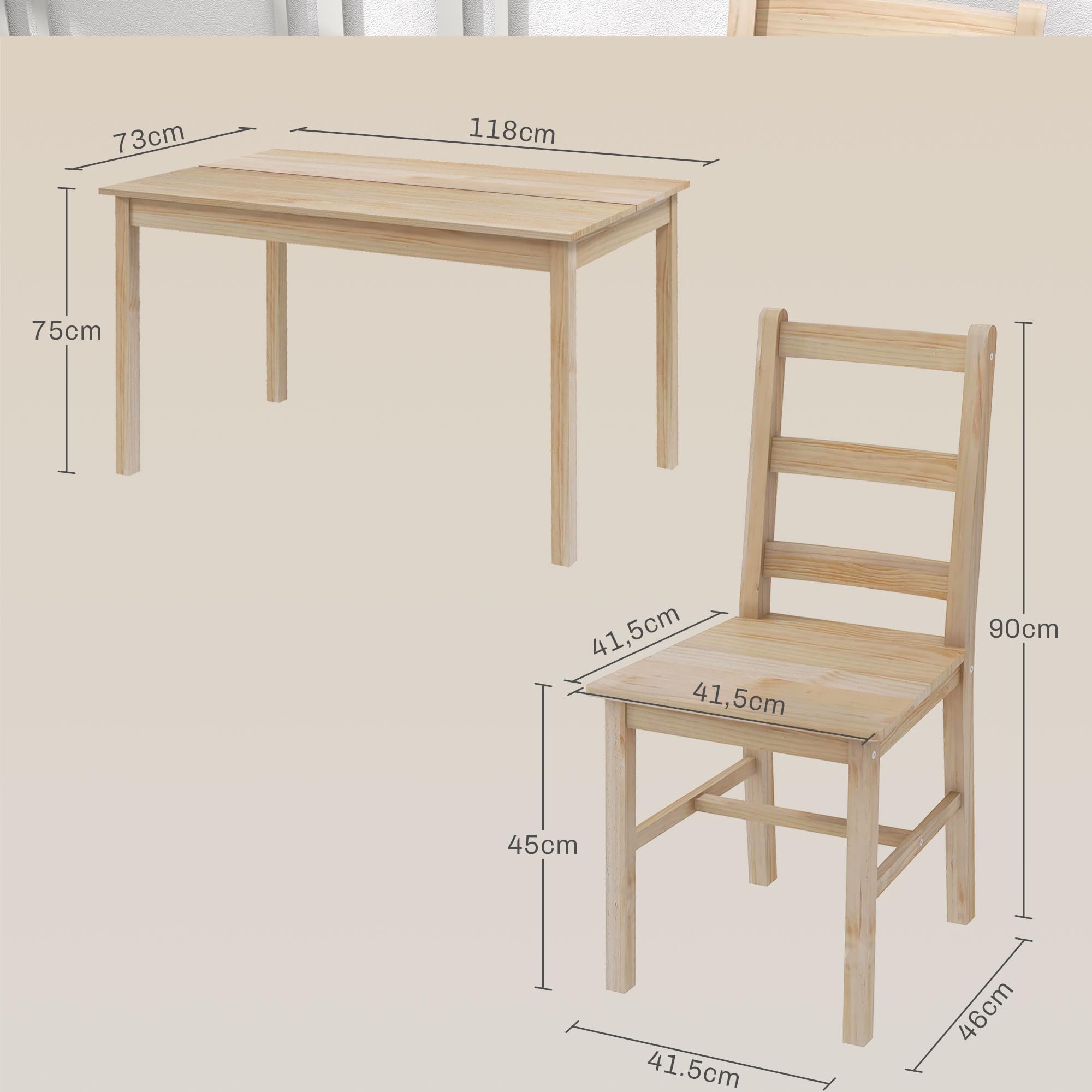 HOMCOM Esstisch mit 4 Stühlen Essgruppe aus Kiefernholz Moderne Esszimmergruppe für Kleine Räume, Esszimmer, Küche, Wohnzimmer, Natur