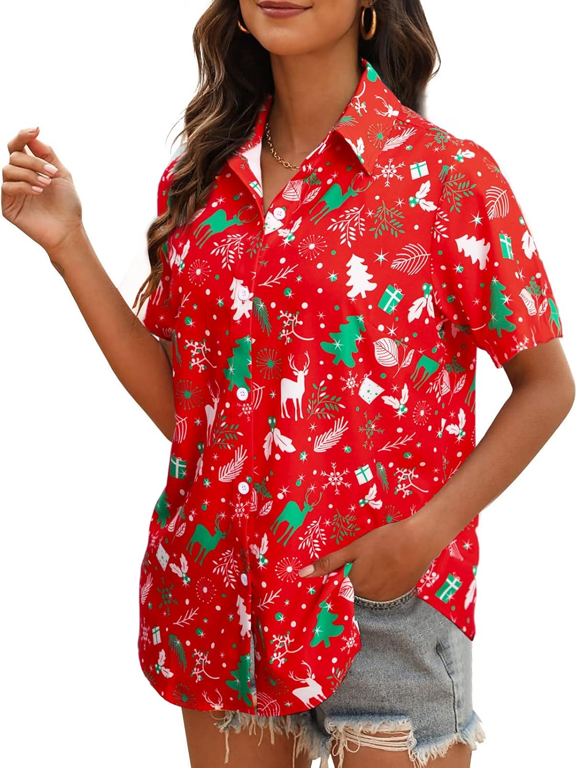 Christmas Shirt Women Hawaiian Button Down Shirts Vintage Christmas Graphic Short Sleeve Button Up Tops - Image 4