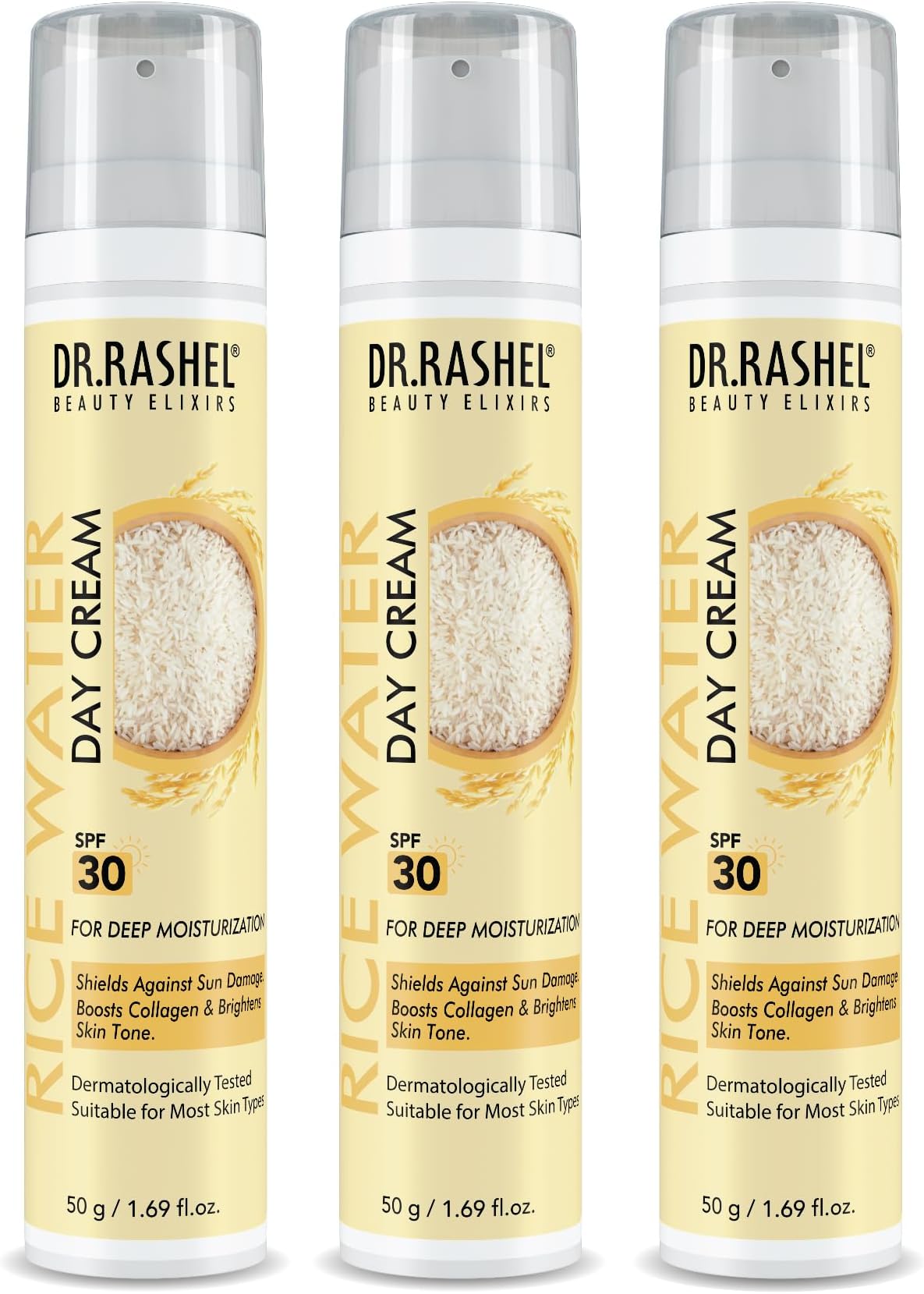 Dr.Rashel Rice Water Day Cream, Deep Moisturizing Face Cream, Collagen Boosting, Brightening Formula, Pack of 3 (50g Each)