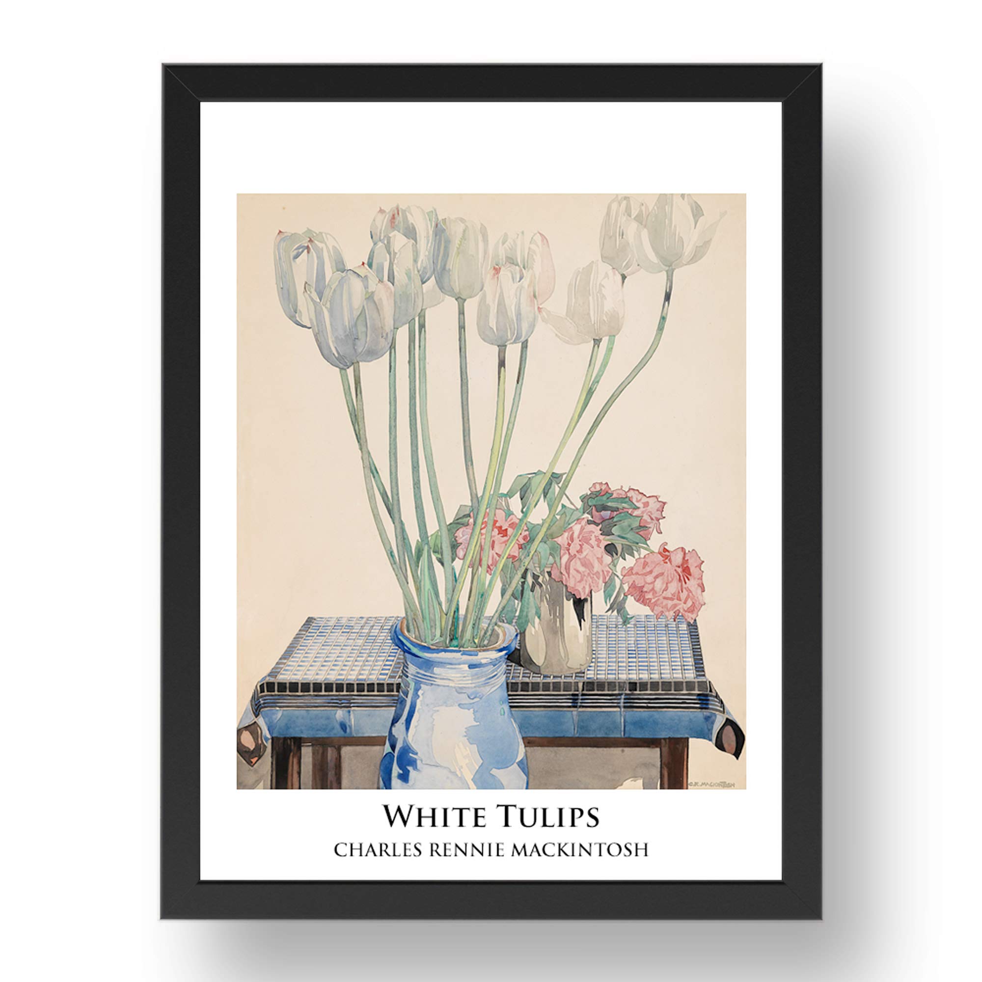 Period Prints White Tulips, c1920 by CHARLES RENNIE MACKINTOSH, vintage art, framed A3 reproduction in 17x13 inch frame